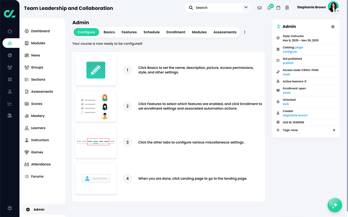 Course, Admin, Configure tab