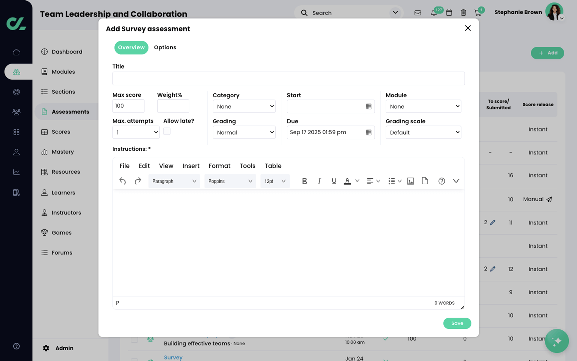 Course, Assessments, Add Survey assessment pop-up