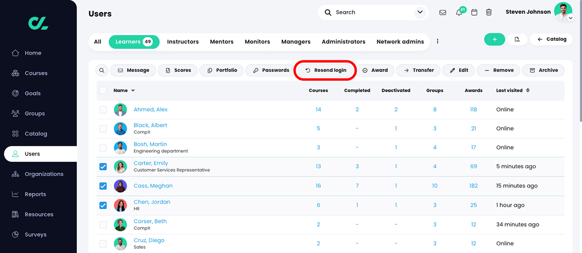 Users, Learners tab with three users selected and the Resend login button highlighted