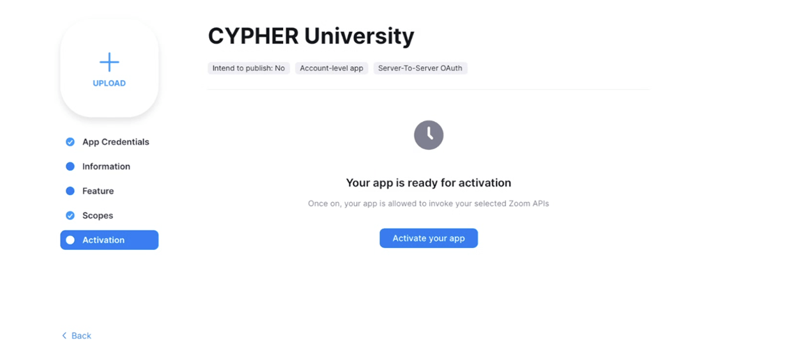 Zoom app marketplace, new server-to-server OAuth app, Activation tab