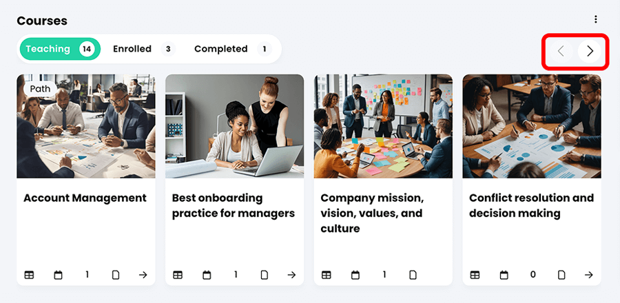 Courses widget with the forward and back arrow icons highlighted