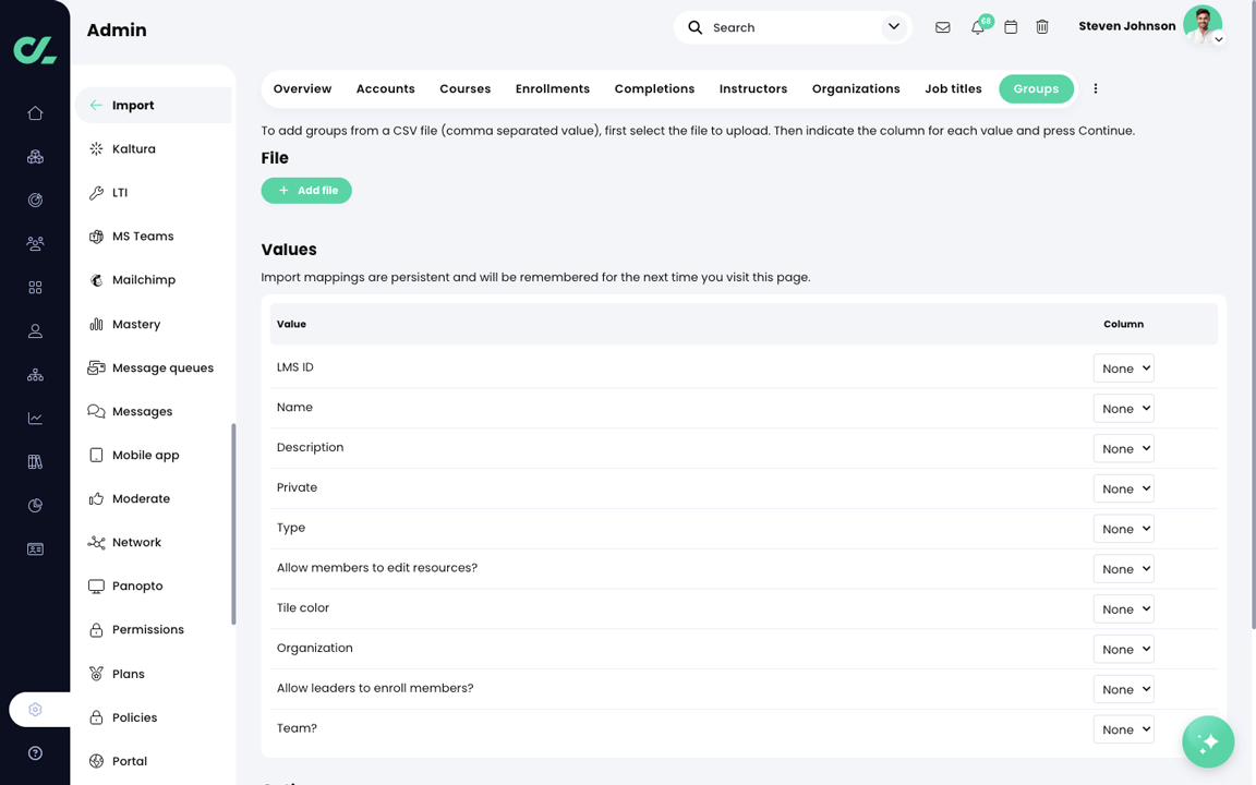 Admin, Import, Groups tab 