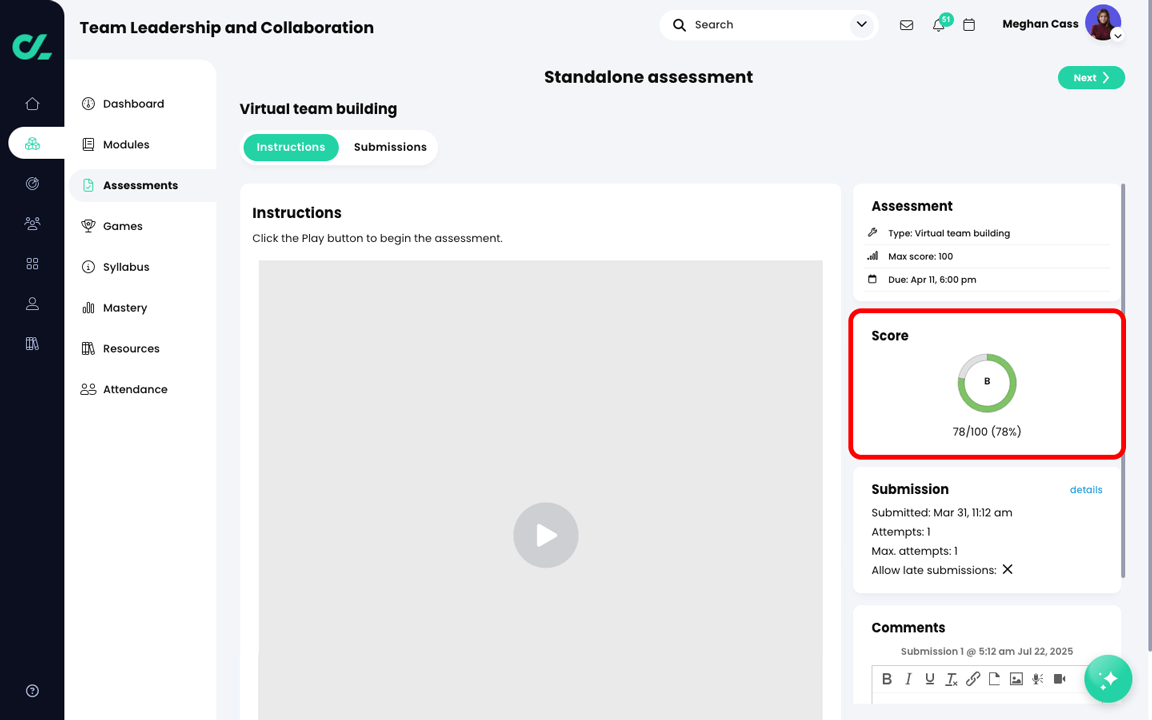Learner perspective of a course, LTI assessment, Instructions tab with the Score widget highlighted in the right panel