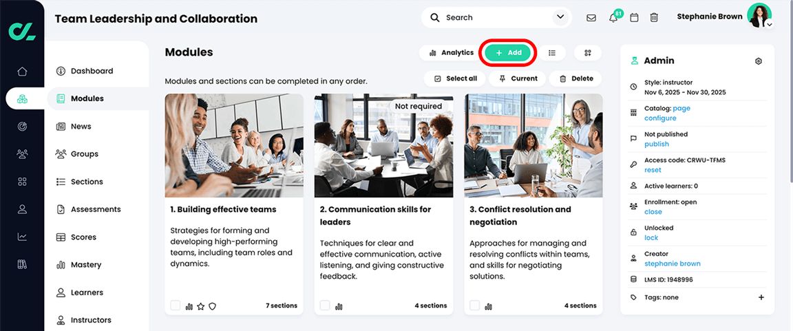 Course, Modules page with the Add button highlighted