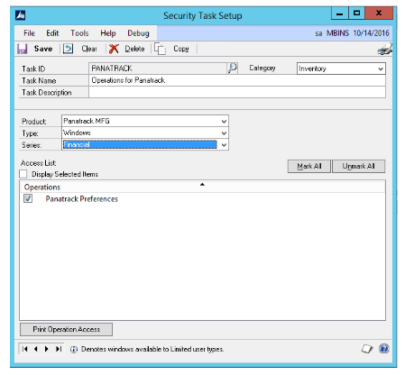 Security Task Setup for PanatrackerGP