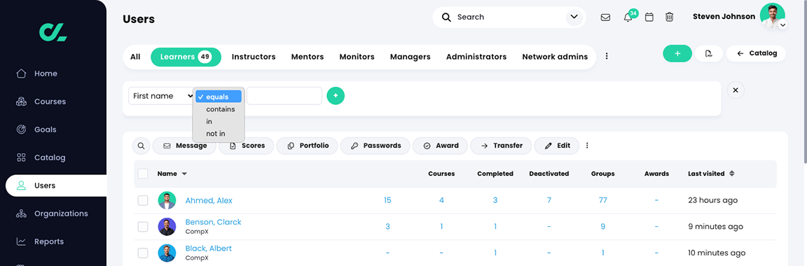 Users, Learners tab with First name selected as the filter field and the Condition menu active