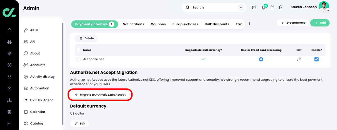 Admin, E-commerce, Payment gateways page with the Migrate to Authorize.net Accept button highlighted