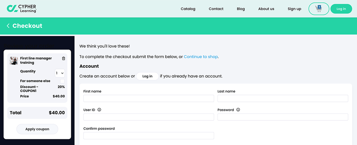 Visitor view, Checkout page, Account fields 