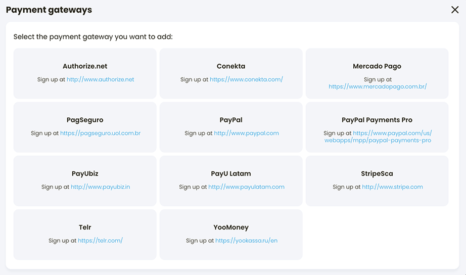 Payment gateways pop-up