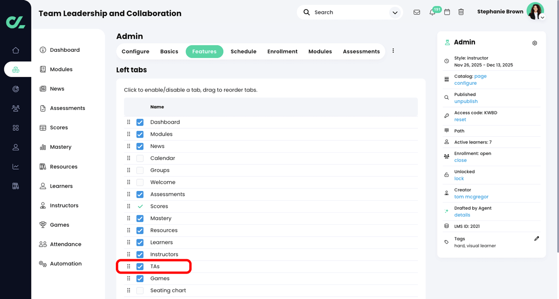 Course, Admin, Features tab with the TAs feature selected and highlighted