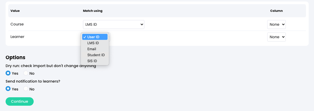 Admin, Import, Enrollments tab with the Learner 'Match using' menu active