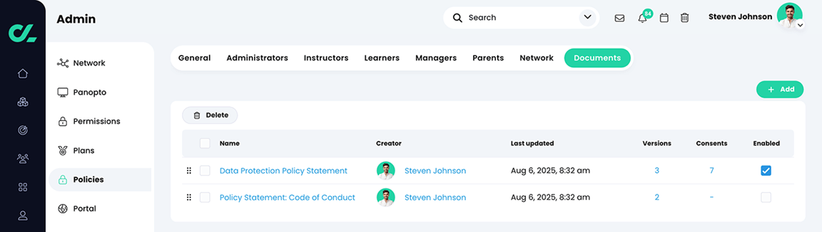 Admin, Policies, Documents tab
