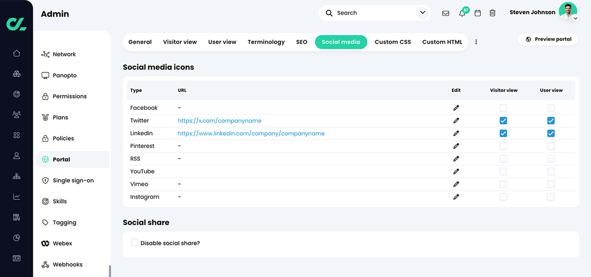 Admin, Portal, Social media tab