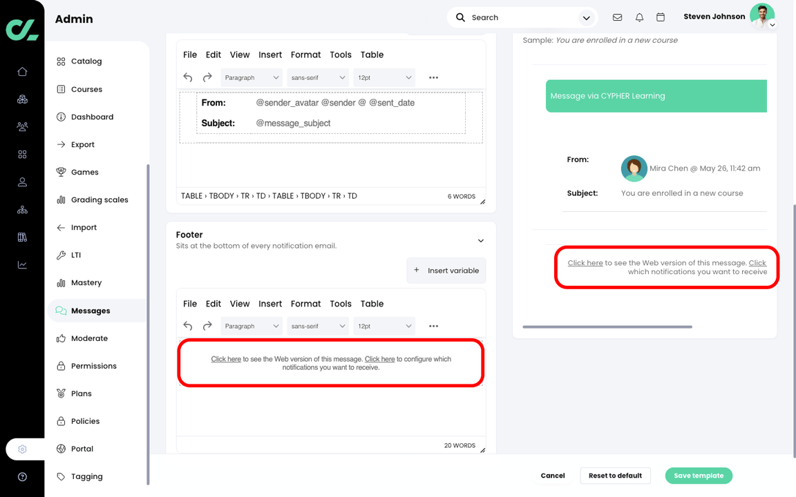 Admin, Messages, Template tab with the Footer highlighted in the editor and the Preview