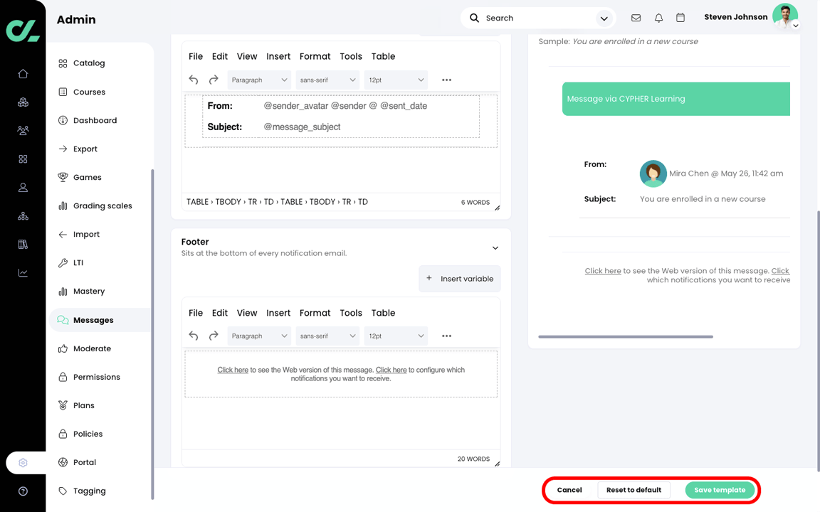Admin, Messages, Template tab with the Cancel, Reset to default, and Save template buttons highlighted