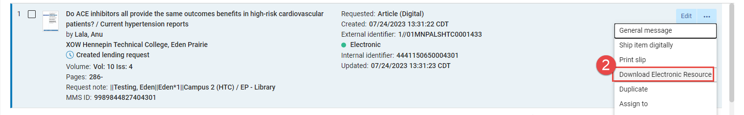 Update request using Download electronic resource