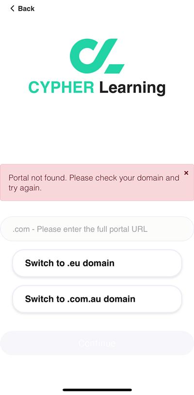 CYPHER Learning app, example of a 'Portal not found' error