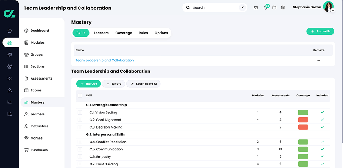 Course, Mastery, Skills tab with a list of skills for the course
