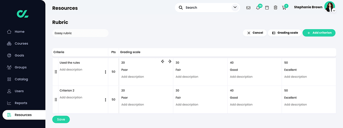 Resources, Rubric with the add to the left and add to the right icons showing for a rating cell