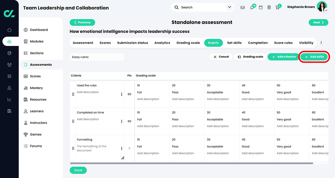 Course, Assessments, Essay Assessment, Rubric tab with the Add skills button highlighted