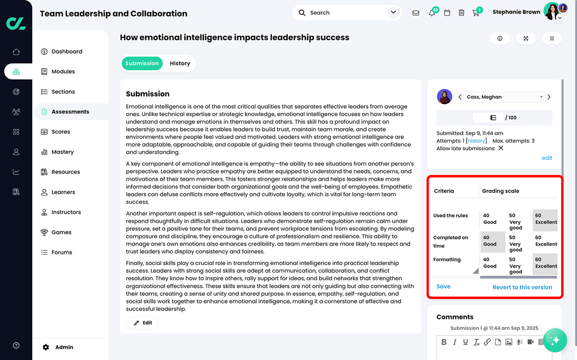 Course, Assessments, Essay assessment, learner submission with the Rubric highlighted in the right panel
