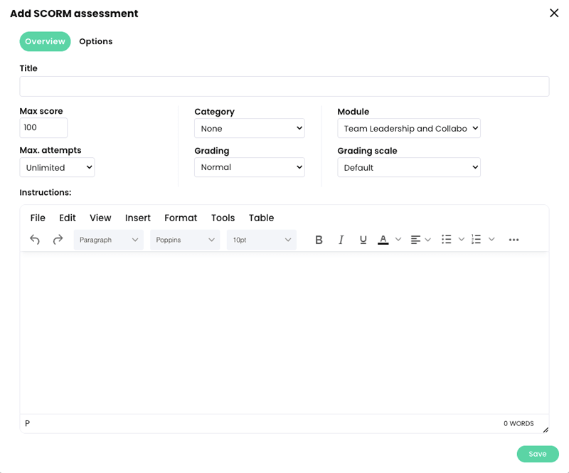 Add SCORM assessment pop-up, Overview tab