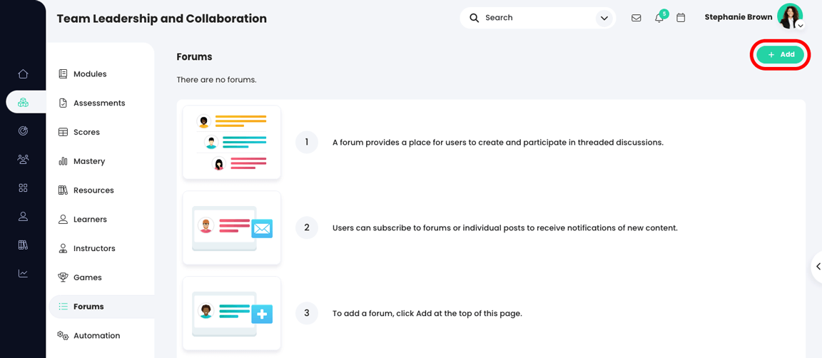 Page du cours et des forums avec le bouton Ajouter mis en évidence