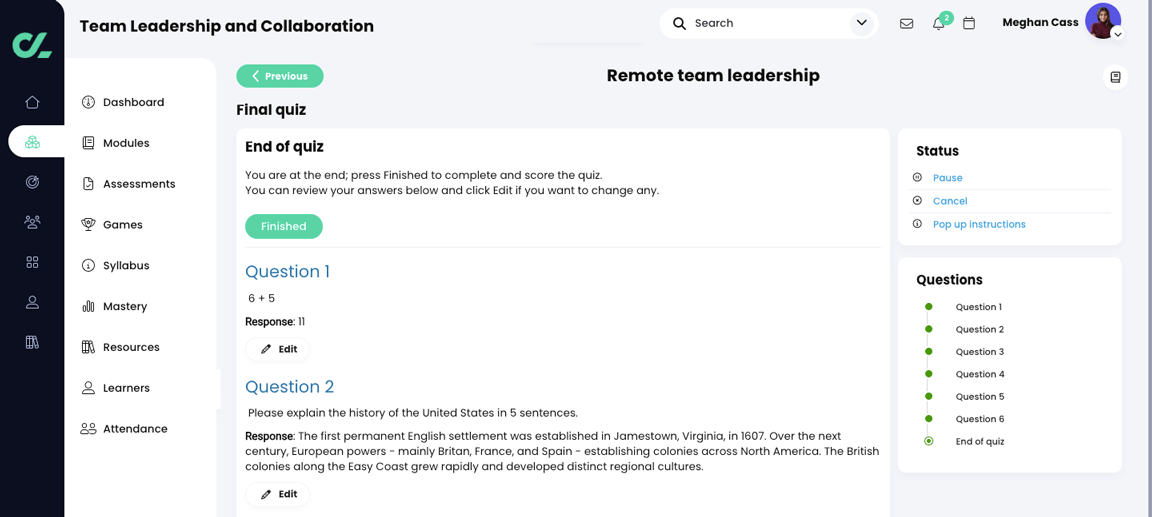 Course, Assessments, Quiz, End of quiz page