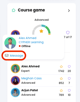 Example of hovering over a user's name in the Course game widget with a User pop-up open and the Message button highlighted