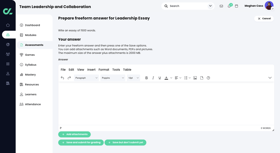 Course, Assessments, Essay assessment learner answer page