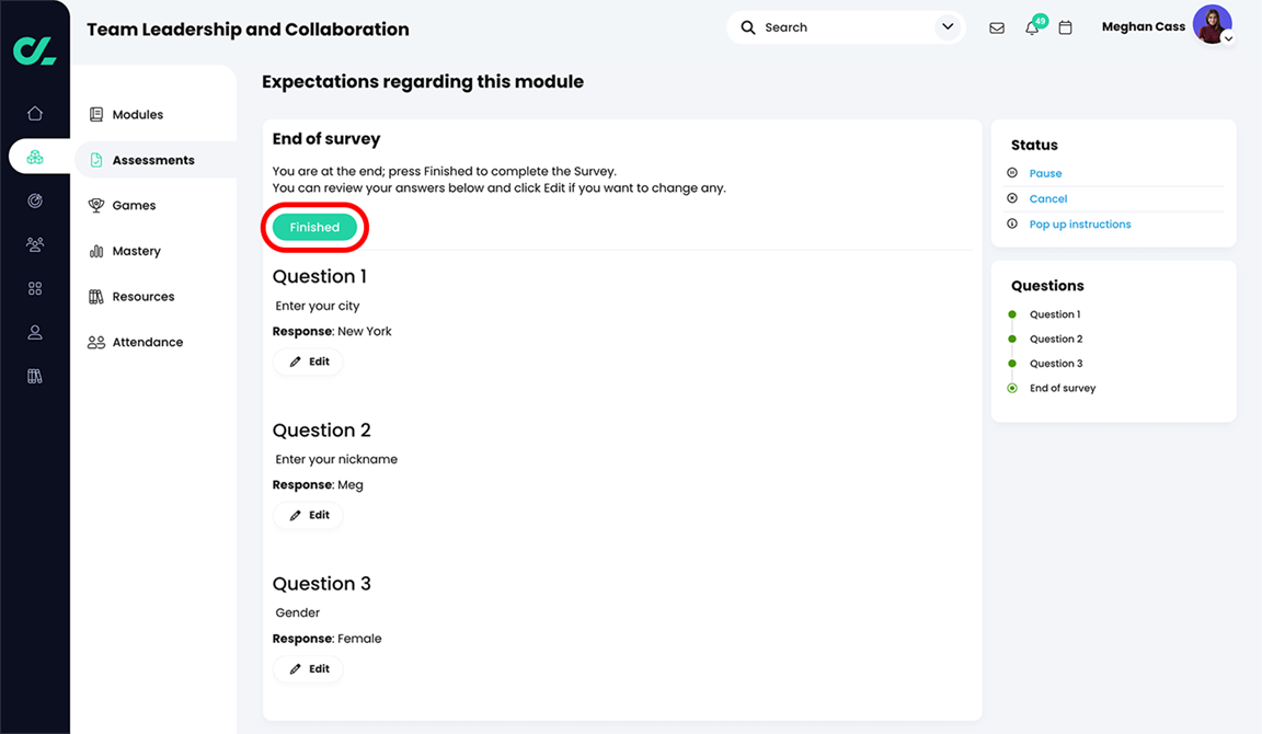 Learner perspective of a survey assessment, End of survey page with the Finished button highlighted