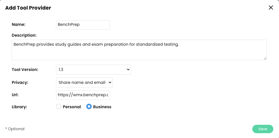 Add Tool Provider pop-up with example fields completed for a LTI 1.3 tool 