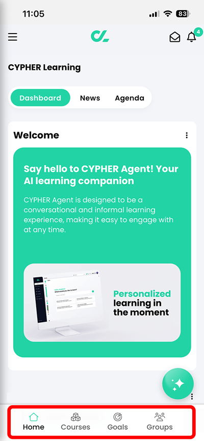 CYPHER Learning app, home dashboard with the bottom navigation menu highlighted