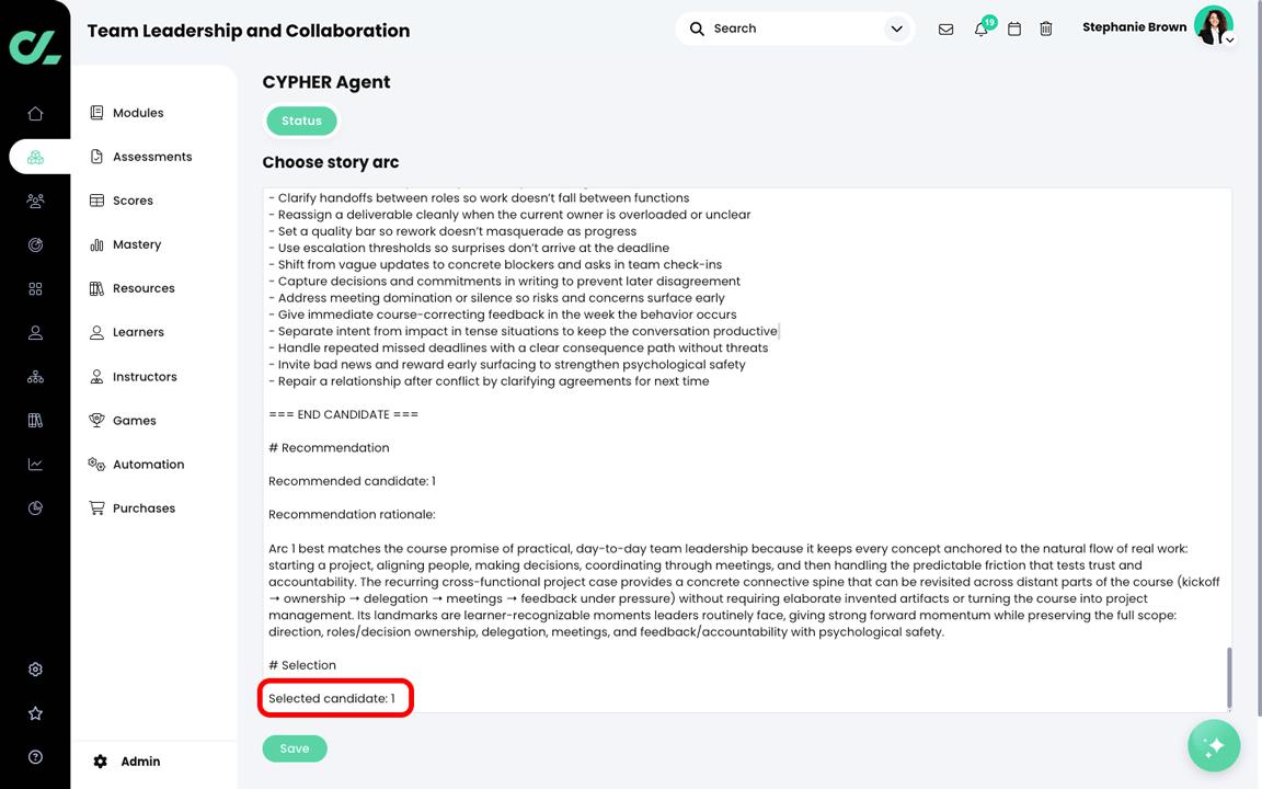 CYPHER Agent Choose story arc Markdown file in Edit mode, with the Selected candidate highlighted