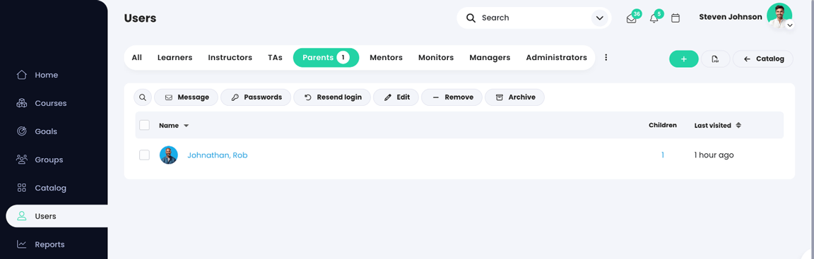 Utilizatori, pagina Părinți care afișează lista părinților