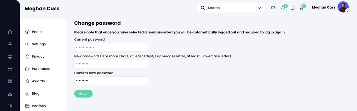 User profile, Change password page