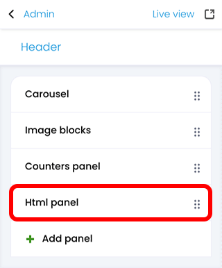 Portal visual editor with the Html panel item highlighted