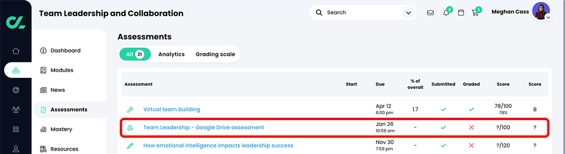 Learner view, Course, Assessments with a Google Drive assessment highlighted