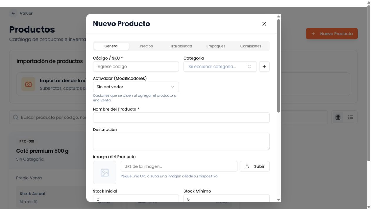 Formulario real para registrar productos en Innova Emission