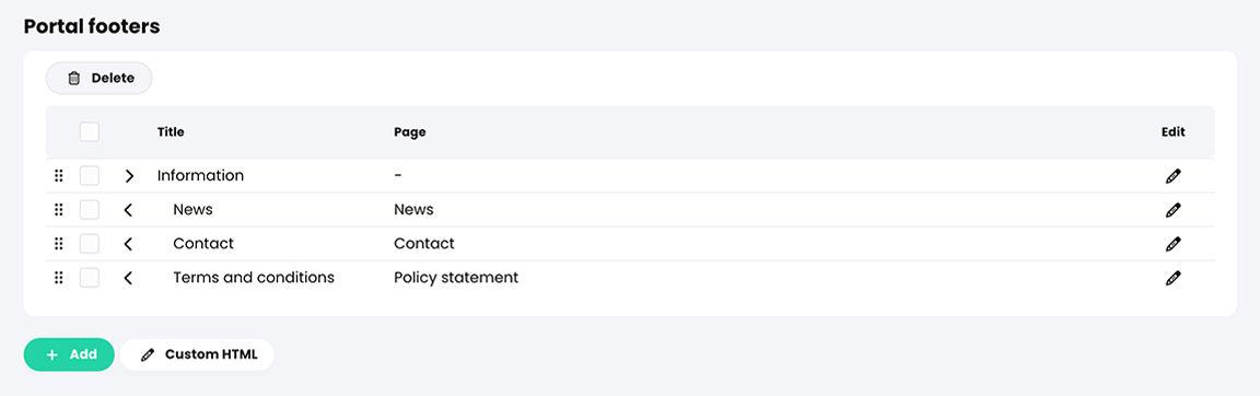 Admin, Portal, Visitor view tab, Portal footers section