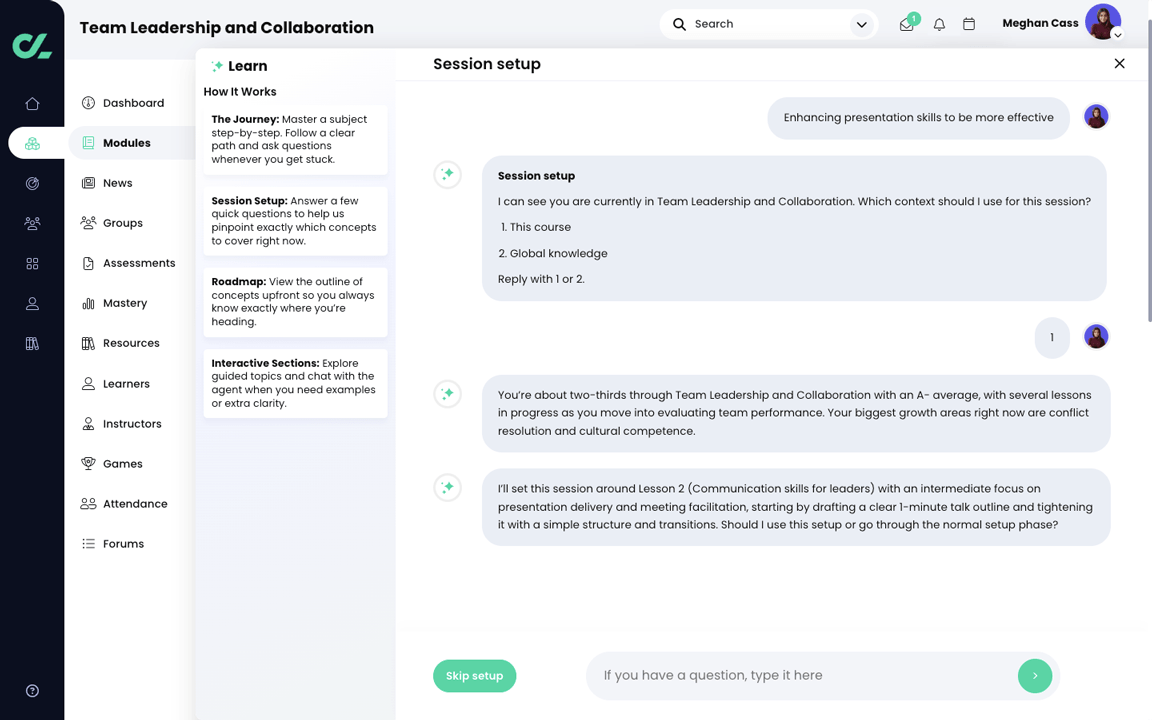 CYPHER Agent for learners, context aware session setup