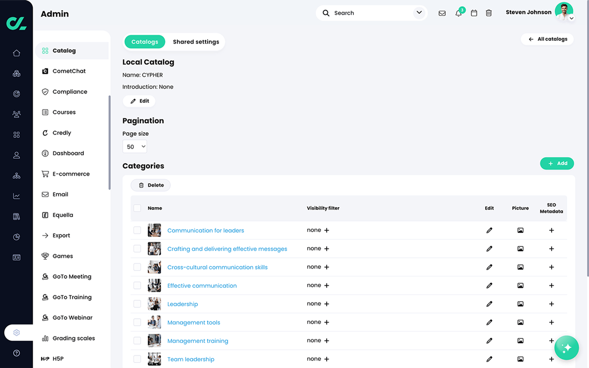 Admin, Catalog, Catalogs tab, Local Catalog settings and Categories