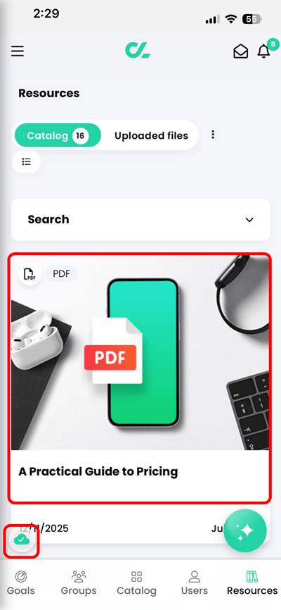 CYPHER Learning app, Resources Catalog with a PDF highlighted and the green cache cloud icon highlighted, indicating the page has been cached