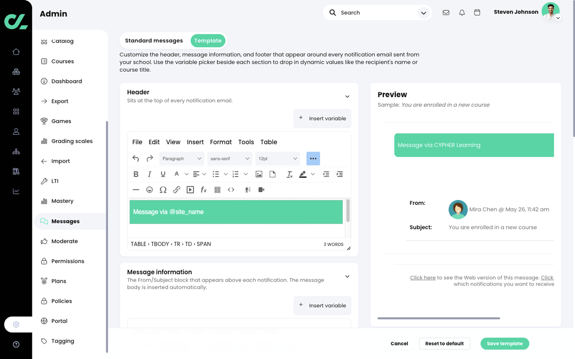 Admin, Messages, Template tab with a background color added in the editor and displayed in the Preview header