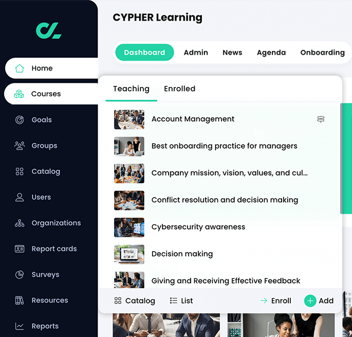 Primary navigation menu with the Courses menu active and the Teaching tab selected
