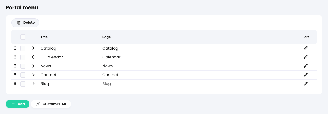 Organizations, Admin, Portal tab, Portal menu section with Calendar as a sub-menu item to the Catalog menu item