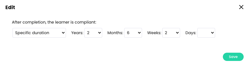 Course, Admin, Compliance page, Edit duration pop-up with Specific duration selected