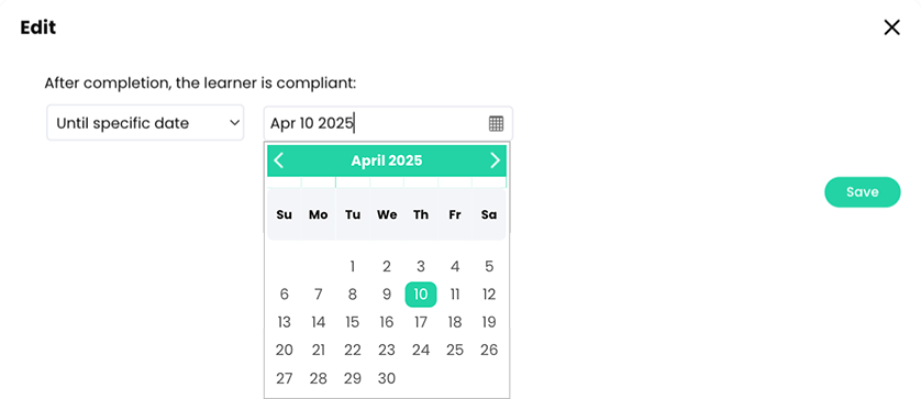 Course, Admin, Compliance page, Edit duration pop-up with Until specific date selected