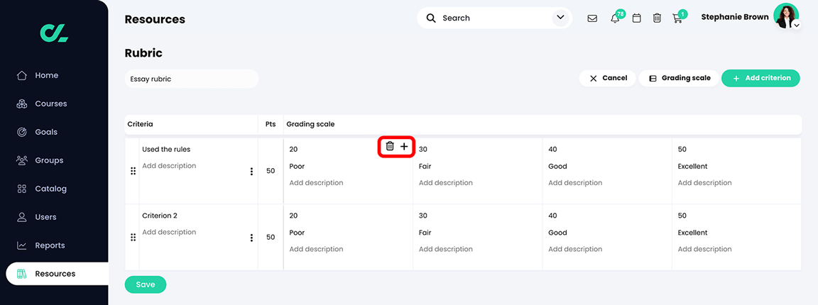 Resources, Rubric with the delete and add icons buttons highlighted in a Ratings cell