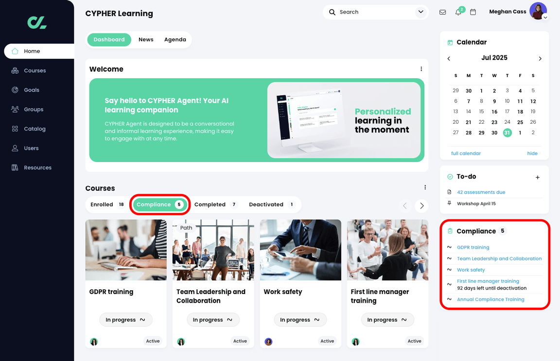 Learner home page, Dashboard with the Compliance tab active and highlighted in the Courses widget and the Compliance widget highlighted in the right panel